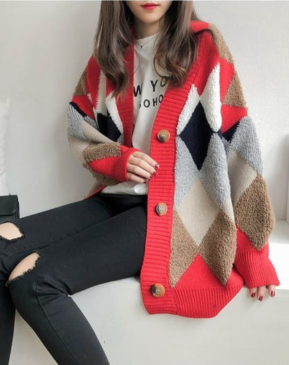 Contrast-Color Diamond-Quilted Oversized Knit Cardigan