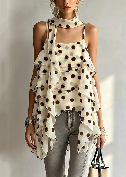 eautiful Apricot Dot Asymmetrical Ribbon Chiffon Vest Summer