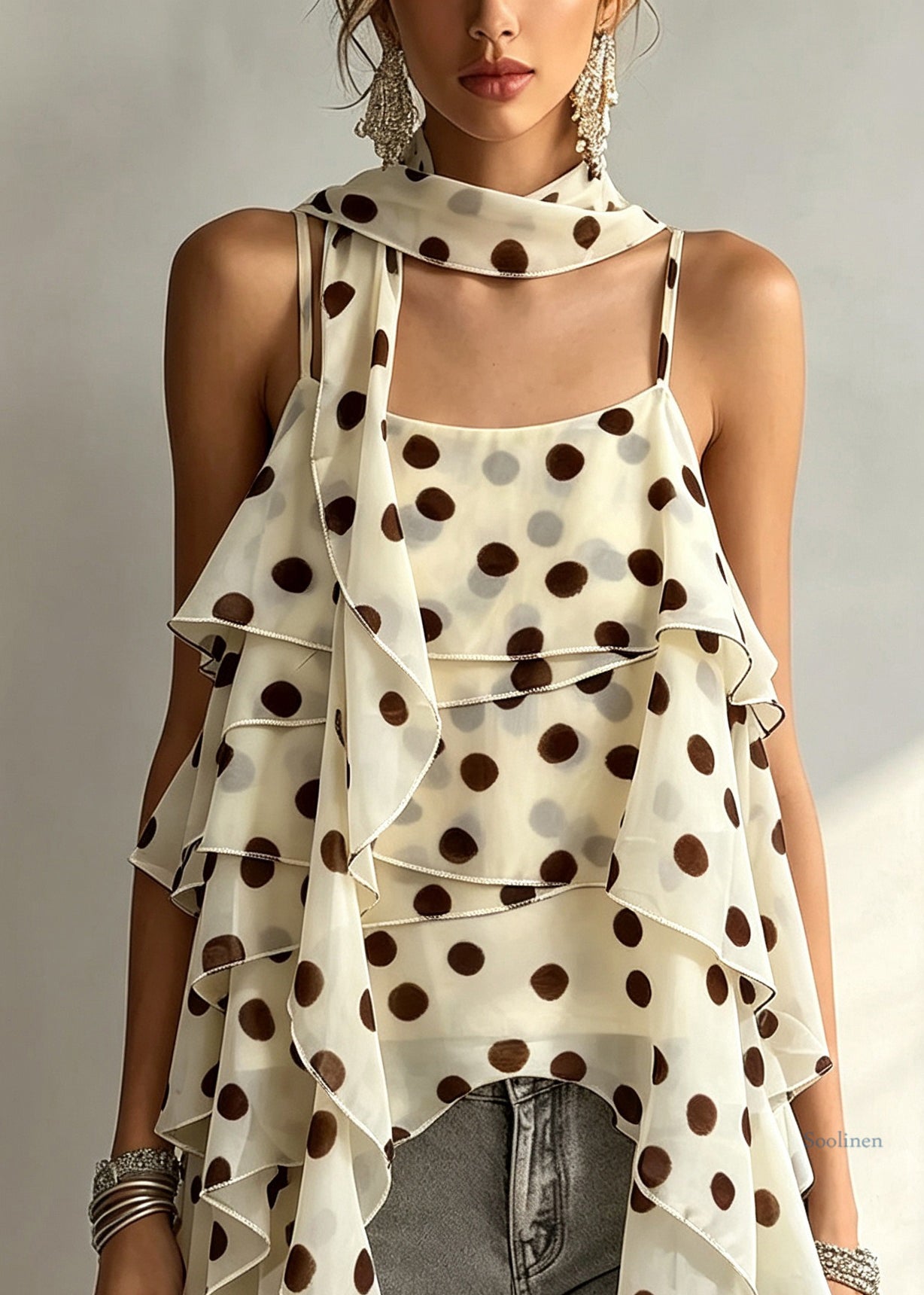 eautiful Apricot Dot Asymmetrical Ribbon Chiffon Vest Summer