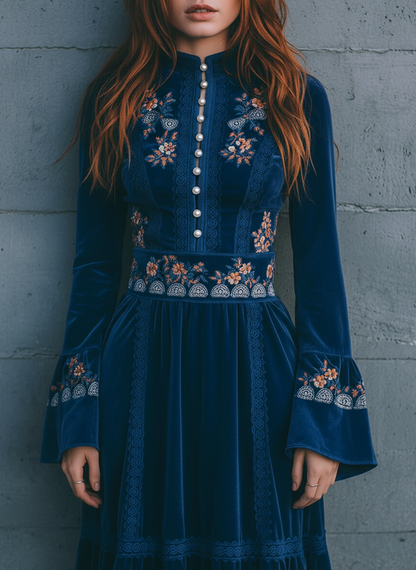 Retro Elegant Blue Velvet Embroidered Long Sleeve Maxi Dress