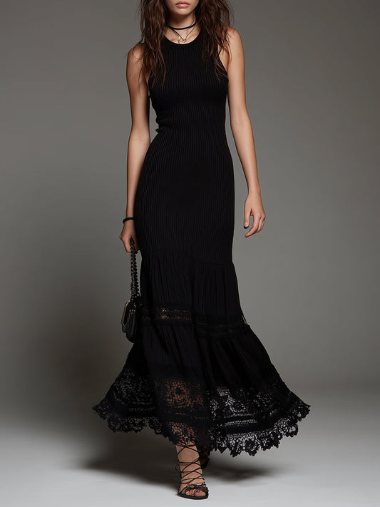 Vintage Ribbed Lace Patchwork Sleeveless Slim-fit Maxi Dress