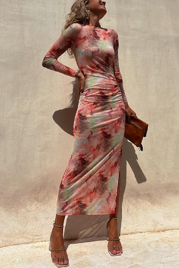 Mesh Tie-Dye Ruched Long Sleeve Midi Dress
