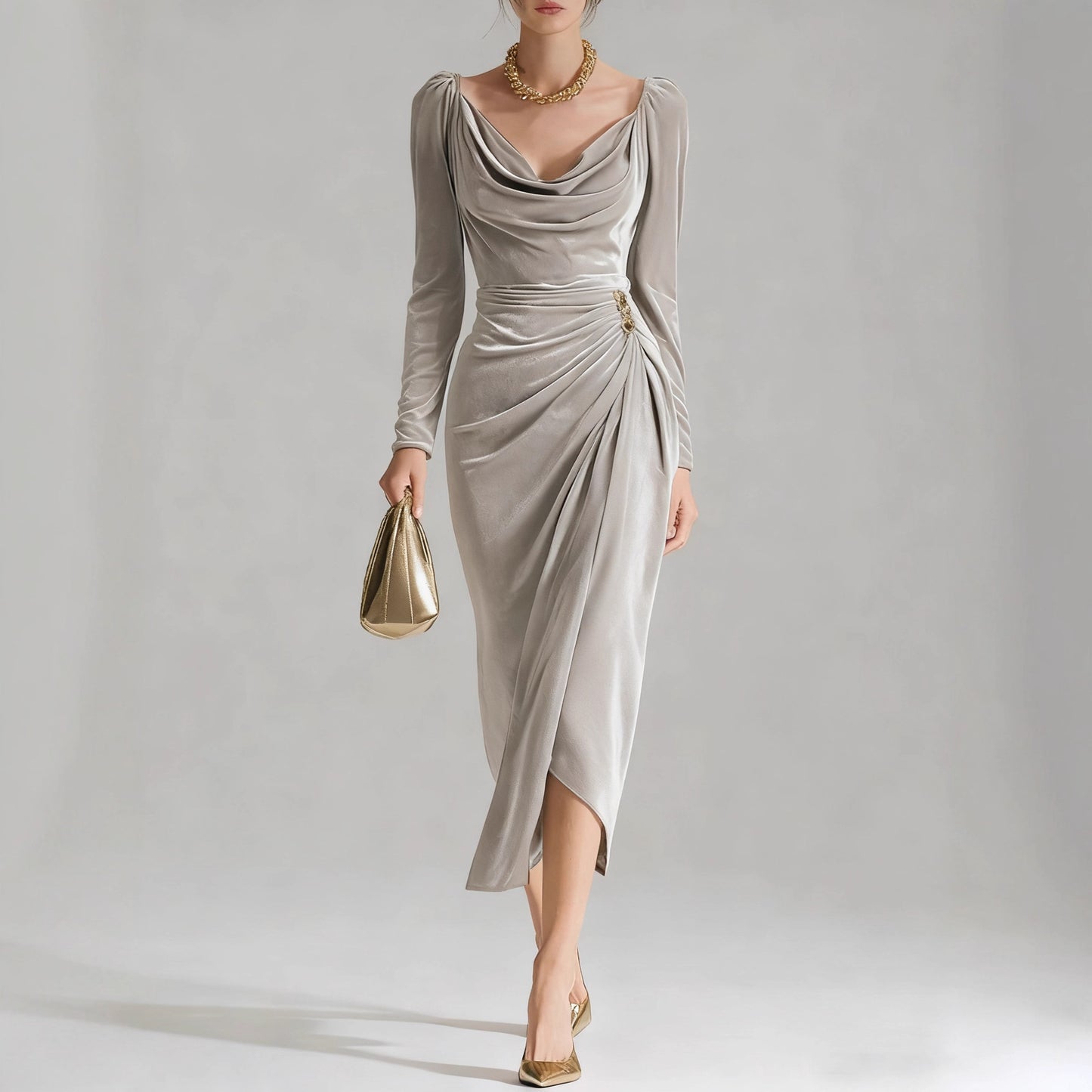 Elegant Pile Collar Velvet Midi Dress