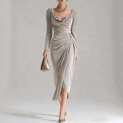 Elegant Pile Collar Velvet Midi Dress