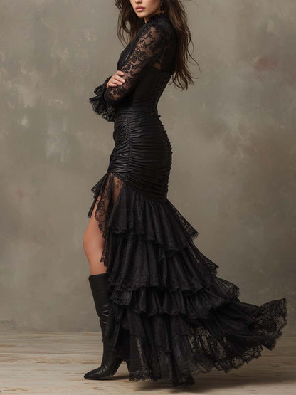 Black Faux Leather Corset Maxi Dress With Lace Sleeves