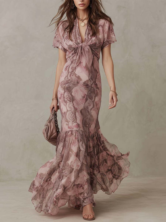 Elegant Dusty Rose Floral Chiffon Maxi Dress