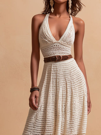 Boho Chic Ivory Crochet Halter Maxi Dress With Waist Belt