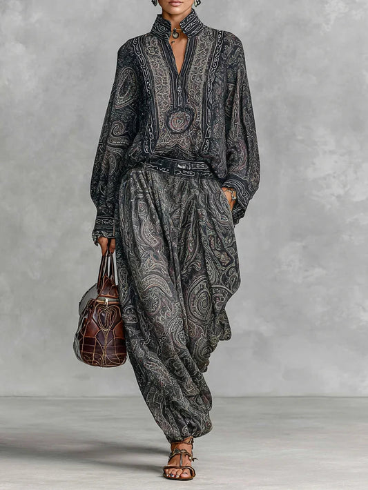 Vintage Paisley Print Long Sleeve Shirt Trousers Two-piece Set