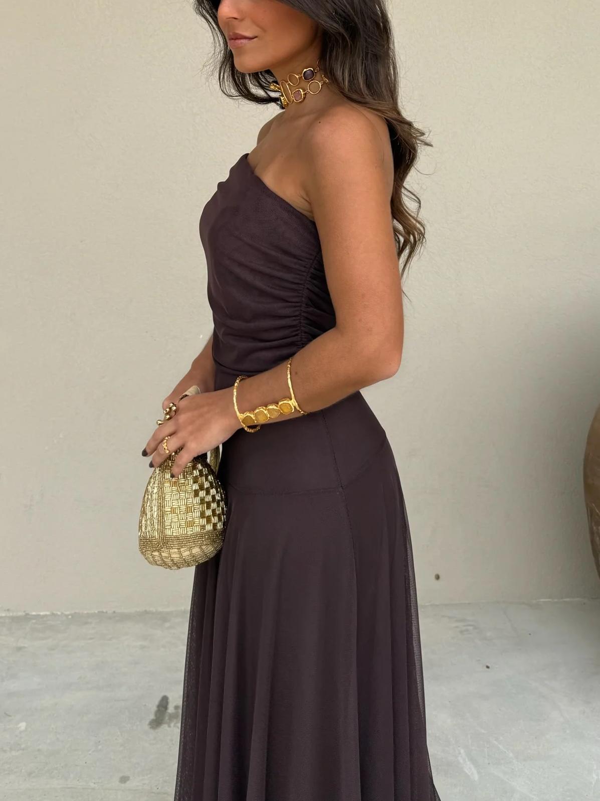 One Shoulder Mesh Maxi Dress