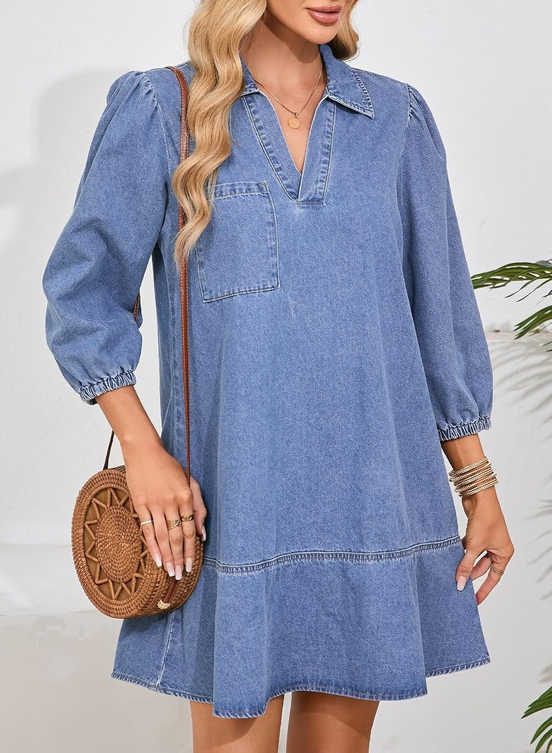 ✨Women's V-neck Puff Sleeve Denim Layered Dress