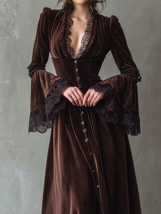 Vintage Chocolate Brown Velvet Flared Maxi Dress With Lace Cuffs