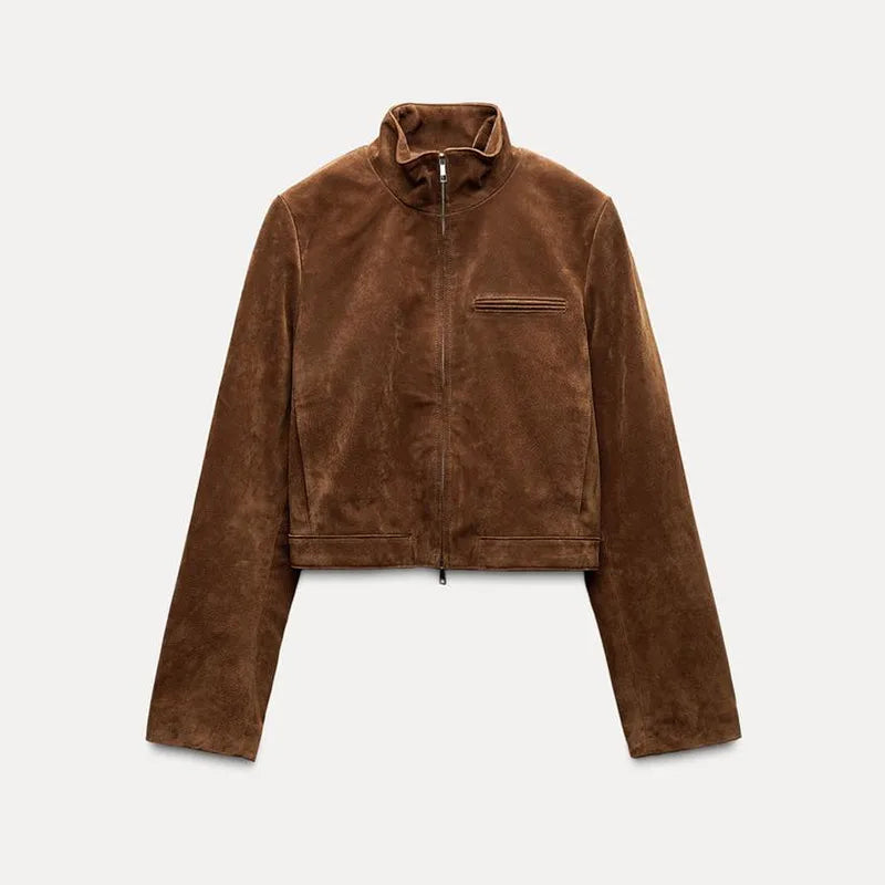 Camel Suede Stand Collar Zipper Short Casual Jacket