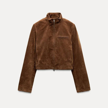 Camel Suede Stand Collar Zipper Short Casual Jacket