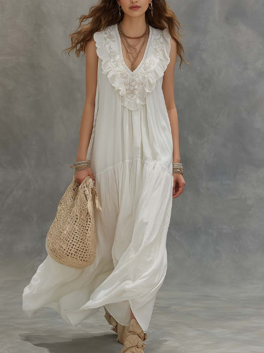 Boho Vintage White Embroidered Maxi Dress