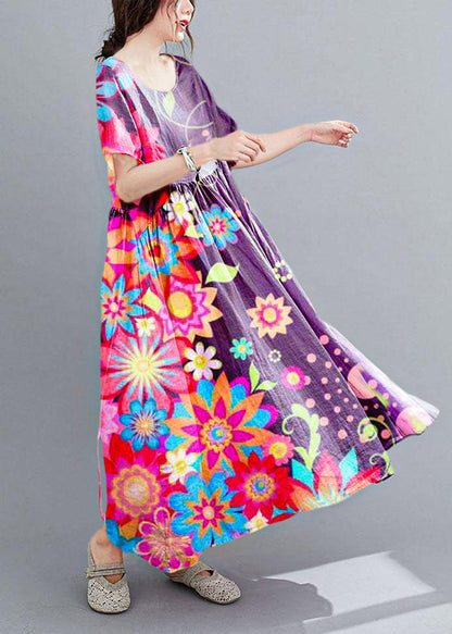 Natürliche lila Taschen Kurzarm Robe Baumwolle Leinen Kleider