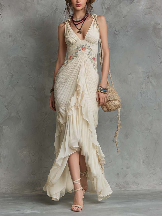 Boho-Vintage Elegant Embroidered Chiffon Ruffle Maxi Dress