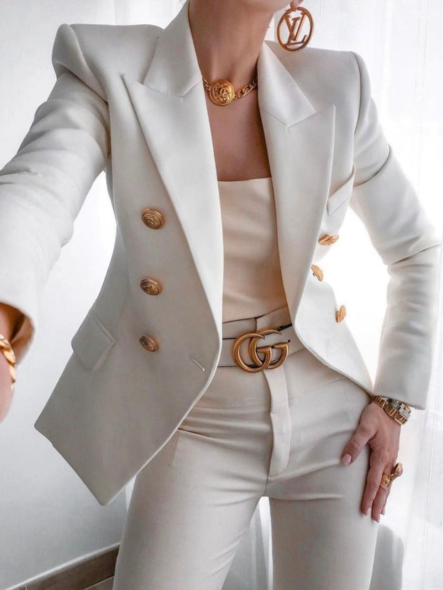 Commuter Cream Double-Breasted Gold-Buttoned Waist-Defining Blazer