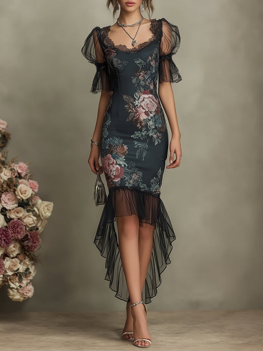 Vintage Floral Satin  Maxi Dress With Chiffon Fishtail Hem