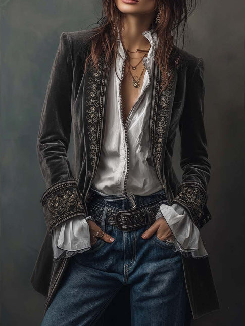 Vintage Navy Velvet Embroidered Long Jacket