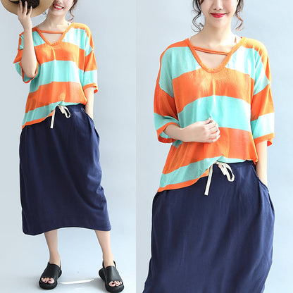 fall 2024 blue orange patchwork cotton blouse plus size v neck t shirt
