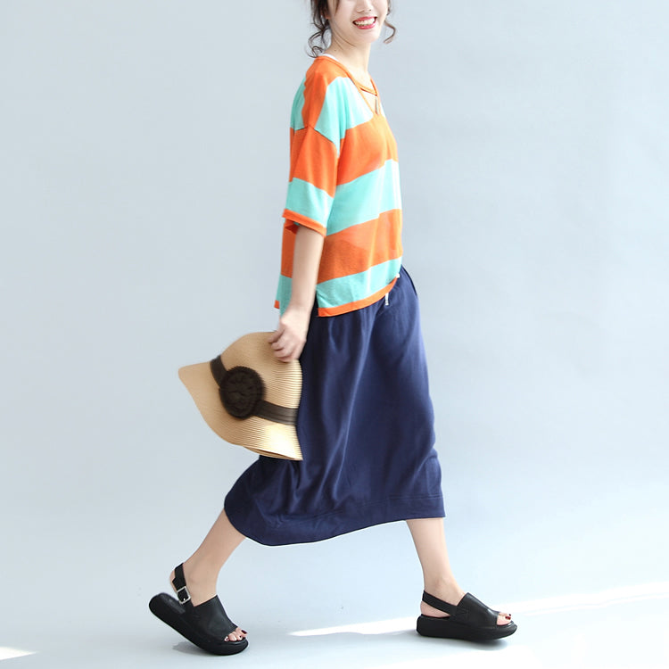 fall 2024 blue orange patchwork cotton blouse plus size v neck t shirt