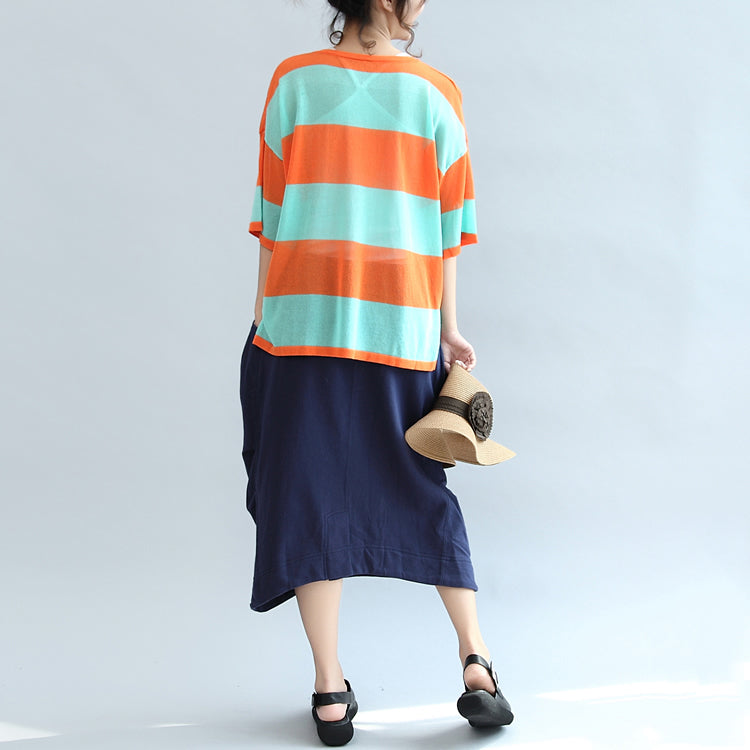fall 2024 blue orange patchwork cotton blouse plus size v neck t shirt