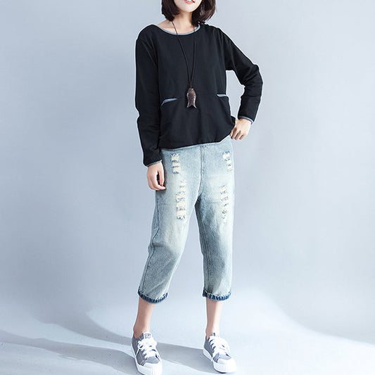 Herbst 2024 warme, dicke Baumwolloberteile, schwarzer, lässiger Pullover mit Rundhalsausschnitt