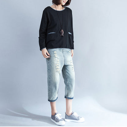 Herbst 2024 warme, dicke Baumwolloberteile, schwarzer, lässiger Pullover mit Rundhalsausschnitt