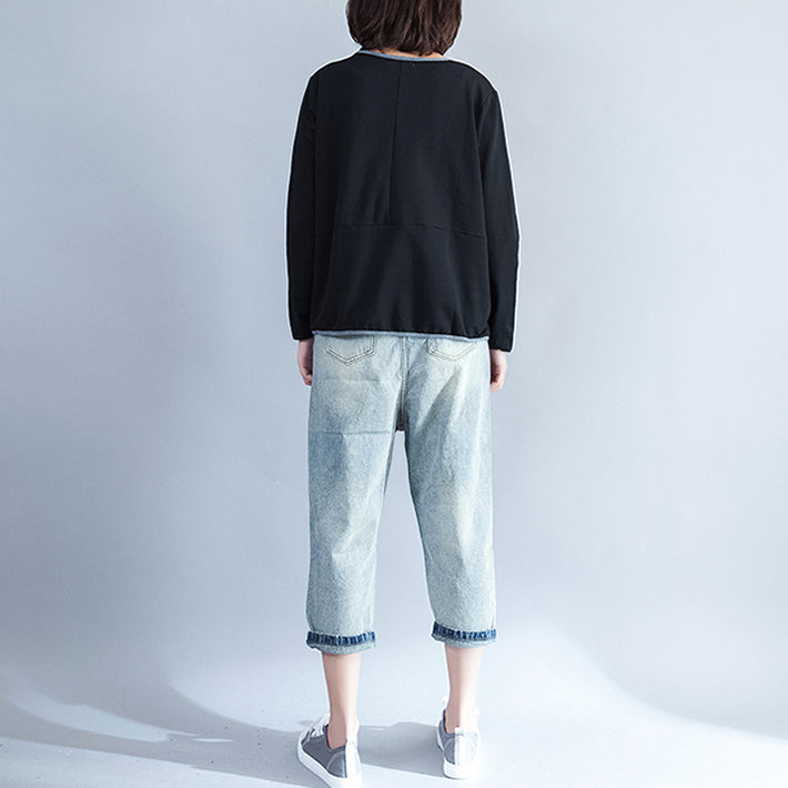 Herbst 2024 warme, dicke Baumwolloberteile, schwarzer, lässiger Pullover mit Rundhalsausschnitt