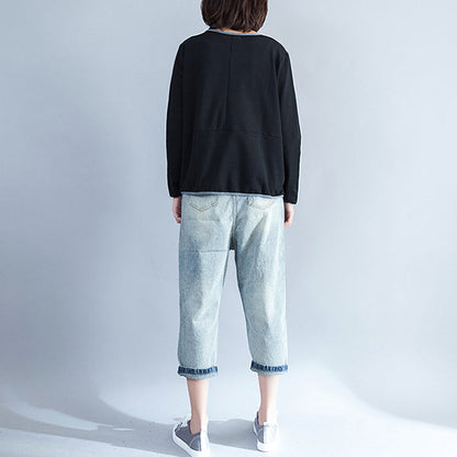 Herbst 2024 warme, dicke Baumwolloberteile, schwarzer, lässiger Pullover mit Rundhalsausschnitt