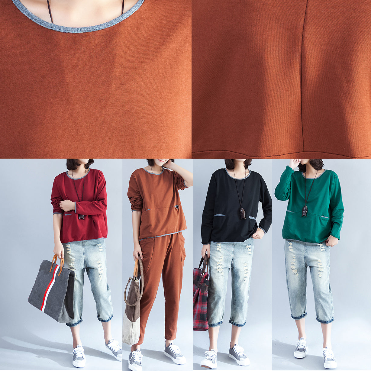 Herbst 2024 warme, dicke Baumwolloberteile, schwarzer, lässiger Pullover mit Rundhalsausschnitt