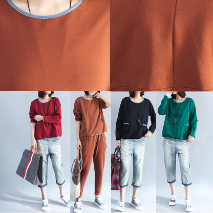 Herbst 2024 warme, dicke Baumwolloberteile, schwarzer, lässiger Pullover mit Rundhalsausschnitt