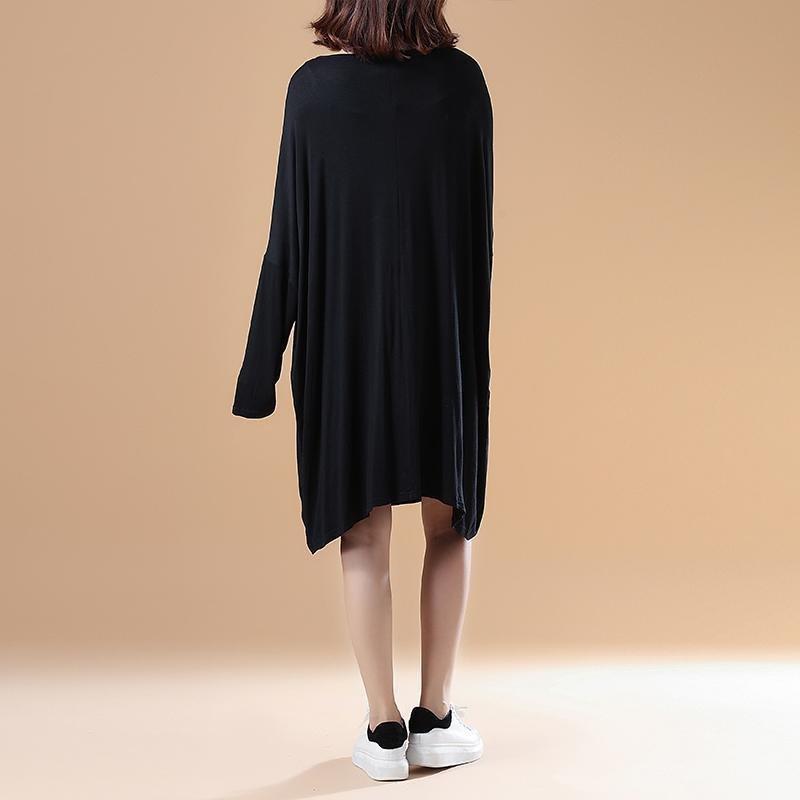 Herbstmode schwarzes, einfarbiges Baumwollkleid, Oversize-Kleid mit langen Ärmeln und Prints