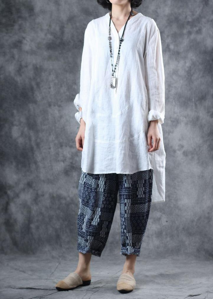 fall new blue prints women pants linen blended elastic waist harem pants - SooLinen