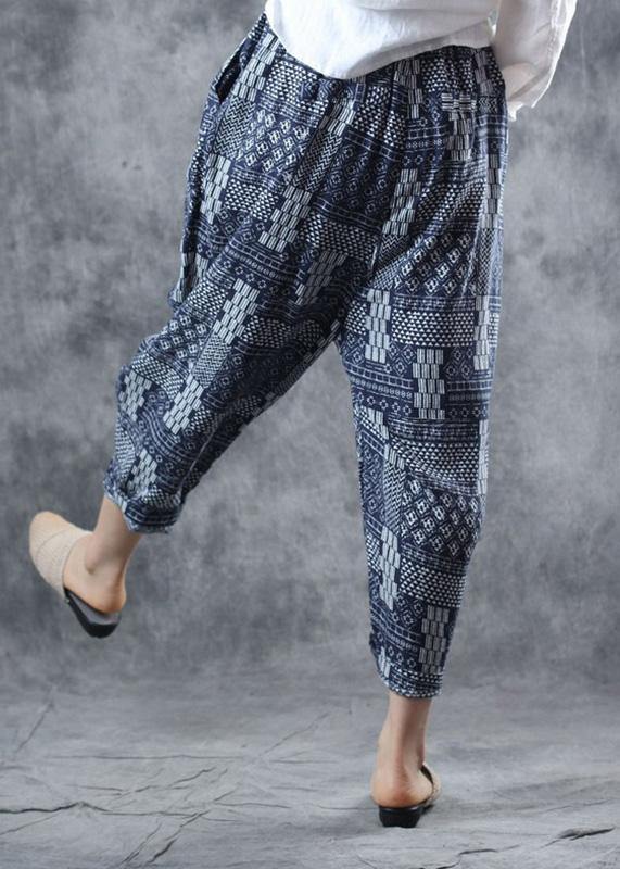 fall new blue prints women pants linen blended elastic waist harem pants - SooLinen
