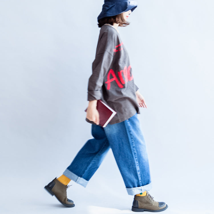 Herbst warm lässig grau Baumwolle Stickerei Alphabet Pullover übergroßen O-Ausschnitt T-Shirt