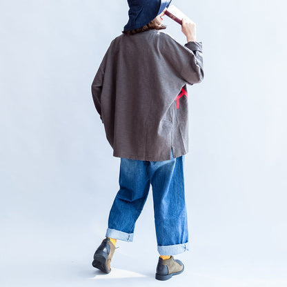 Herbst warm lässig grau Baumwolle Stickerei Alphabet Pullover übergroßen O-Ausschnitt T-Shirt