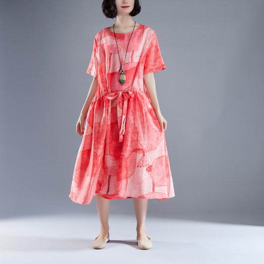 Mode Ramie Sommerkleid Locker sitzende Kurzarm Schnürung Sommer Plissee Casual Red Kleid