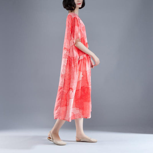 Mode Ramie Sommerkleid Locker sitzende Kurzarm Schnürung Sommer Plissee Casual Red Kleid