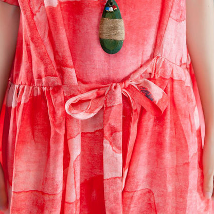 Mode Ramie Sommerkleid Locker sitzende Kurzarm Schnürung Sommer Plissee Casual Red Kleid