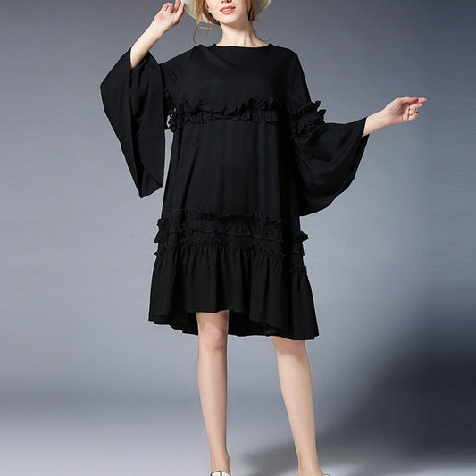 Mode schwarzes Midi-Länge Leinenkleid Plus Size Kleidung Leinen Maxikleid Elegante Flare Ärmel Rüschen Midikleid