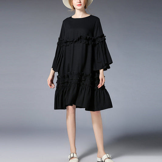 Mode schwarzes Midi-Länge Leinenkleid Plus Size Kleidung Leinen Maxikleid Elegante Flare Ärmel Rüschen Midikleid
