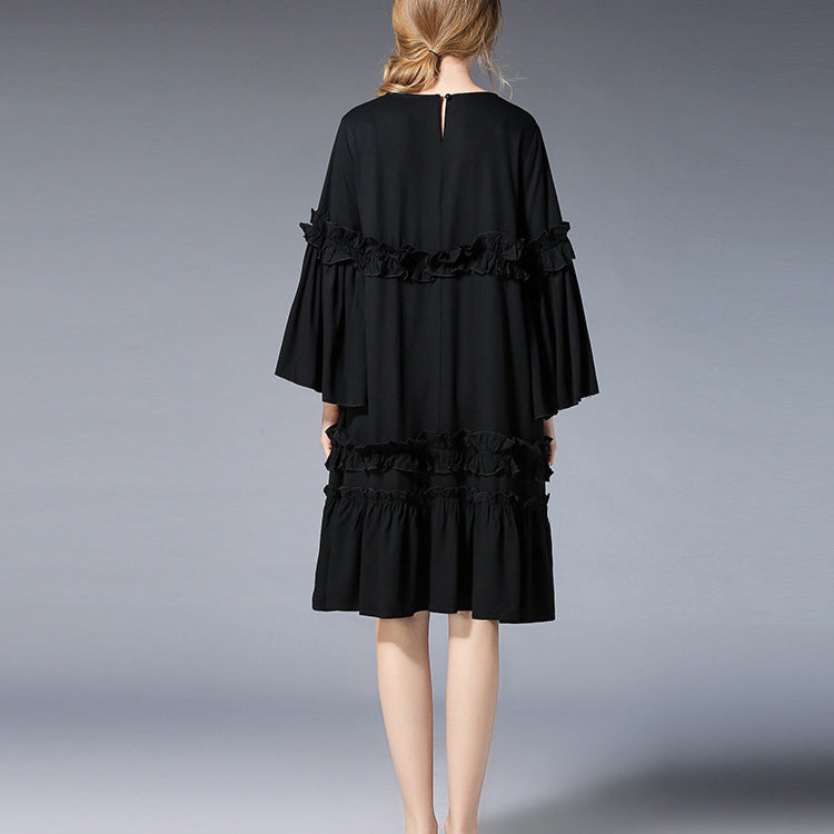 Mode schwarzes Midi-Länge Leinenkleid Plus Size Kleidung Leinen Maxikleid Elegante Flare Ärmel Rüschen Midikleid