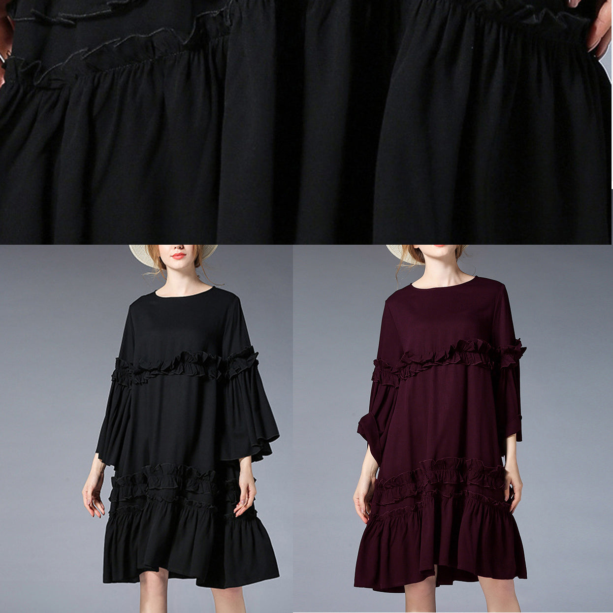 Mode schwarzes Midi-Länge Leinenkleid Plus Size Kleidung Leinen Maxikleid Elegante Flare Ärmel Rüschen Midikleid
