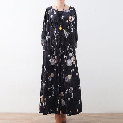 Mode schwarze Cordkleider Oversize-Drucke Maxikleid Boutique Patchwork Kaftans