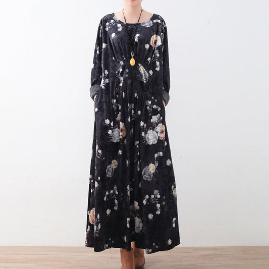 Mode schwarze Cordkleider Oversize-Drucke Maxikleid Boutique Patchwork Kaftans