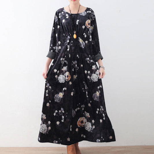 Mode schwarze Cordkleider Oversize-Drucke Maxikleid Boutique Patchwork Kaftans