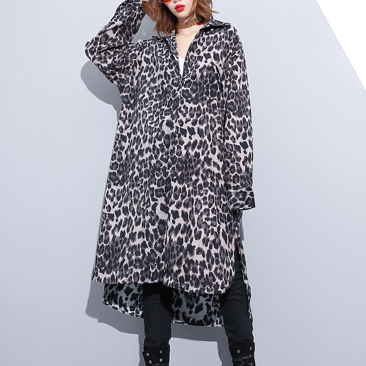 Mode schwarz leopard plus größe mantel Drehen-unten Kragen baggy