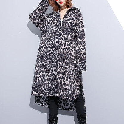 Mode schwarz leopard plus größe mantel Drehen-unten Kragen baggy