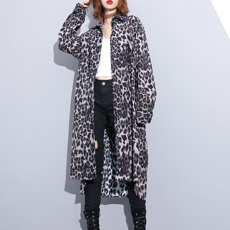 Mode schwarz leopard plus größe mantel Drehen-unten Kragen baggy
